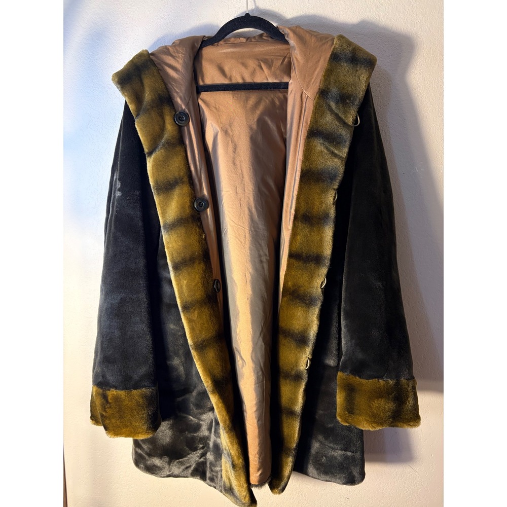 Ameri Mode Reversible Faux Fur Hooded Parka Bronze Metallic Coat Womens Medium